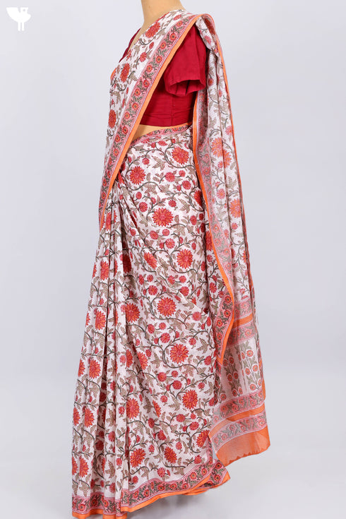 Kota Doria Saree In Floral Block Print